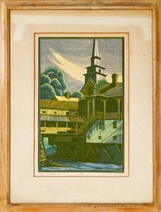 Channing Smith Woodblock Titled, Signed, Numbered: Channing Smith (American 1906 - 1984) Woodblock Titled "South Londonderry, Vt., Pencil Signed, and Numbered 17/75. Framed. 22 inches x 16 inches