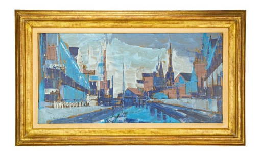 Parker Lee (Leibsohn) Mid C Oil Palette Painting: Parker Lee (1924-1995, California), aka Leonard Leibsohn Mid Century Modern Oil Palette Painting of Blue CIty Scape on Board, Signed and Framed. Framed measures 22 inches x 38 inches, art measures 15