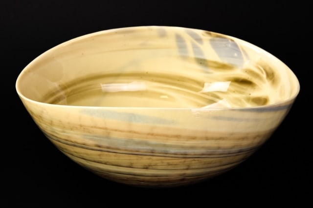 Mariposa Art Glass Alabaster Large Bowl from Italy: Mariposa Art Glass Alabaster Large Bowl from Italy. Hand made art glass bowl of alabaster, gray, brown and beige glass. Smooth interior and textured exterior. Measures 5.5 inches high x 12 inches wide