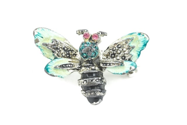 Sterling Silver Enamel & Marcasite Bee Brooch: Sterling Silver Enamel & Marcasite Bee Brooch. Measures just over 1 inch in width.