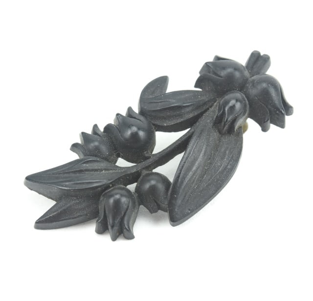 Antique 19th C Guttapercha Lily of Valley Pendant: Antique 19th C Guttapercha Lily of the Valley Mourning Jewelry Necklace Pendant. Measures just over 1.5 inches in length.