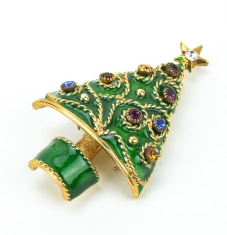 Vintage Christmas Tree Brooch w Earring Ornaments: Vintage Christmas Tree Brooch w Earring Ornaments. Enamel and gilt metal Christmas tree, the ornaments are removable to be worn as stud earrings. Measures 2.5 inches in height.