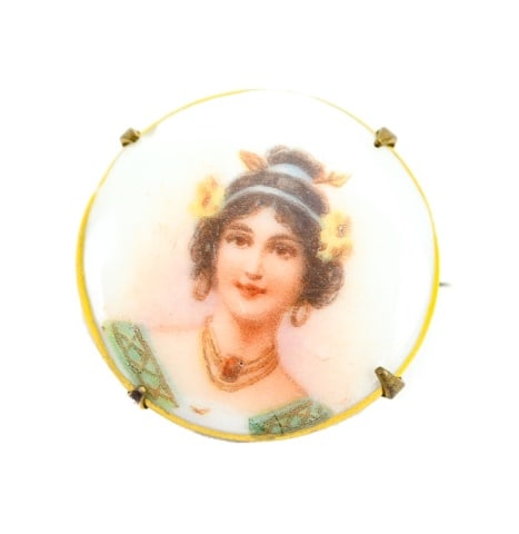 Antique Miniature KPM Style Porcelain Brooch: Antique Miniature KPM Style Porcelain Plaque Brooch. Measures .75 of an inch in diameter.