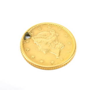 Antique 19th C American Gold Liberty Head Coin: Antique 19th C American Gold Liberty Head Coin as Necklace Pendant or Charm. Circa 1850s. High karat gold content. Measures 1/2 an inch in diameter.