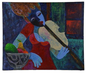 Abstract Signed Oil Painting Woman Playing Violin: Abstract Signed Oil Painting Woman Playing Violin Unframed. Measures 20 inches x 23 inches.