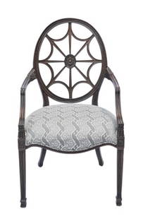 Ethan Allen Spider Web Back Accent Chair: Ethan Allen Hand Carved Spider Web Back Custom Upholstered Accent Chair.Measures 41.5 inches x 23.5 inches x 25 inches, seat height 20.5 inches.