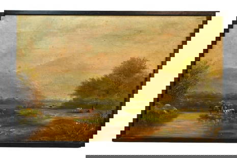19th C Oil Painting American School Hudson River: Large 19th Century Oil Painting on Canvas American School Hudson River Landscape with Grazing Cattle Riverside. Painting is framed and unsigned. Measures 23 inches x 38 inches.
