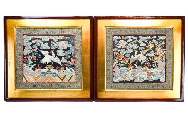 Pair Chinese Framed Crewel & Embroidery Panels (1 of 13)