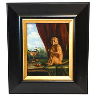 Vintage Stubb's Style Oil Painting Monkey Portrait: Vintage George Stubb's Style Oil Painting Portrait of Monkey in Still Life Background, Framed. Framed measures 17 inches x 15 inches, art measures 10 inches x 8 inches.