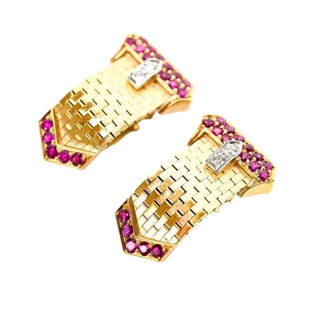 14K Yellow Gold Ruby Diamond Buckle Earrings (1 of 13)