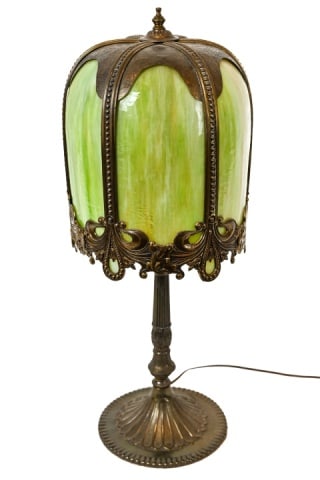 Bradley Hubbard Gilt Bronze Green Slag Glass Lamp: Bradley Hubbard Style Gilt Bronze Green Slag Glass Lamp with Art Nouveau Style Metal Overlay and Slag Glass Inserts and 3 Lights with Decorative Pull Chains. 26 inches x 10 inches in diameter.