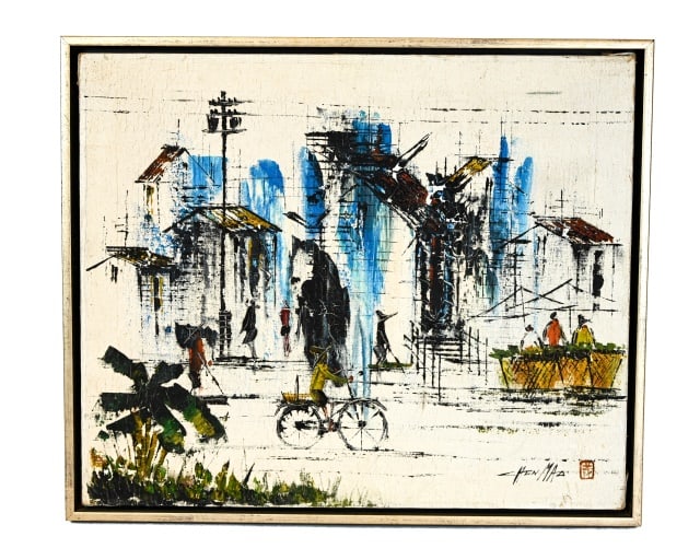 Chen Mao Mid C Oil Painting City Streets, Signed (1 of 9)