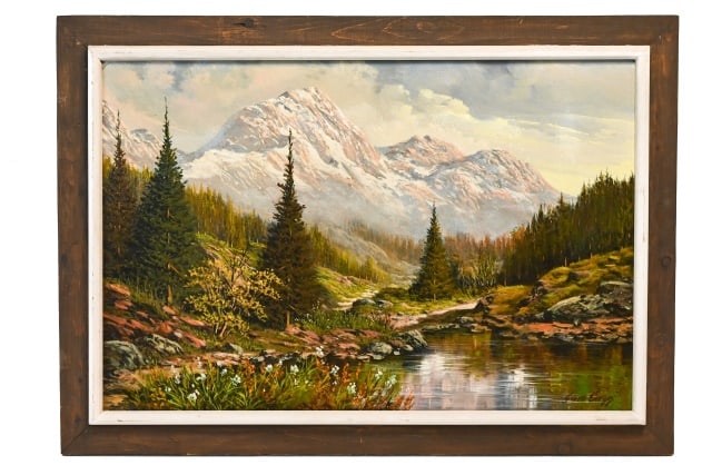 Fiora Cozzi Signed Oil Painting Mountain Landscape: Fiora Cozzi Signed Oil Painting on Canvas Mountain Landscape, Framed. Framed measures 30 inches x 42 inches, art measures 24 inches x 36 inches.