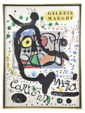 Miro Cartons For Galerie Maeght Lithograph Poster: Miro Cartons For Galerie Maeght 1965 Lithograph Poster Published by Maeght Editeur Imprimeur. Minor water staining at bottom of poster on edges of white space. Measures 26 inches x 20 inches