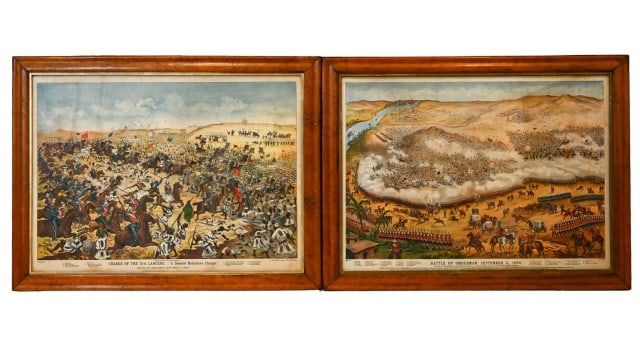 Pair Antique A. Sutherland Lithographs Omdurman: Pair of Antique A. Sutherland Lithographs of The British Battle of Omdurman 1898, In Antique Frames. Each framed measures 25 inches x 33 inches