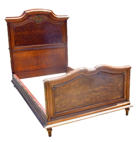 Louis XVI French Mahogany Bed Frame w Brass: Louis XVI Style French Mahogany Bed Frame with Luxurious Ormolu Accent Brass.Headboard measures 59.5 inches x 50.5 inches x 3.5Footboard measures 32 inches x 50.5 inches x 3.5 inches, side frame 75 in