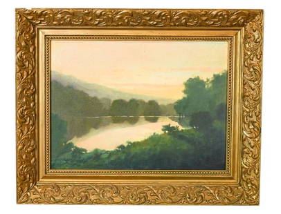 A. F. Wilson Oil Painting of Water Landscape Dusk: A. F. Wilson Signed Oil Painting of Water Landscape Dusk, Framed with Inscription on Reverse. Framed measures 17 inches x 21 inches, art measures 12 inches x 15 inches