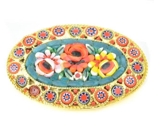 Italian Gold Tone Floral Mosaic Pin: Italian Gold Tone Floral Mosaic Pin. Measures 2 inches in width.
