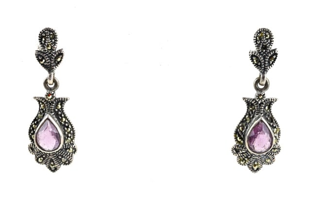 Pair of Sterling Silver Marcasite Amethyst Earring: Pair of Sterling Silver Marcasite Amethyst Earrings. Each measures 1.5 inches in length.
