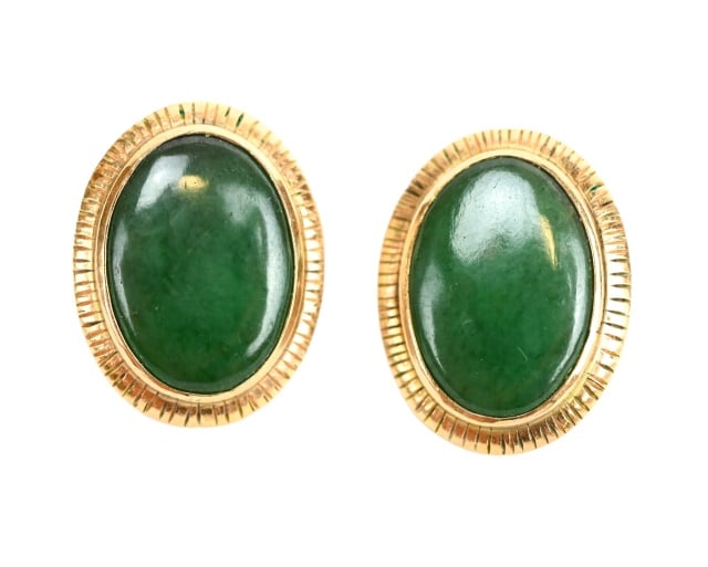 14K Yellow Gold and Natural Jade Cabochon Earrings (1 of 7)