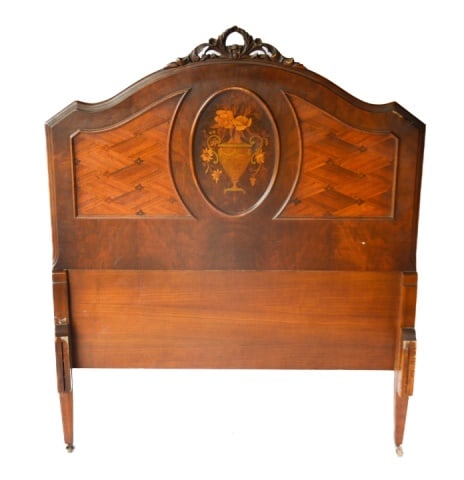 Victorian Hand Carved Marquetry Head Board: Victorian Hand Carved Marquetry Head Board.Measures 51 inches x 42 inches x 3.5 inches.