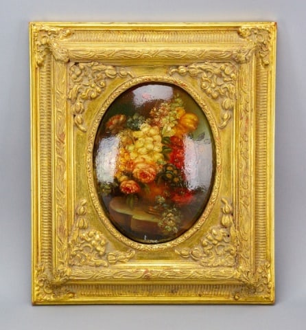 Convex Still Life Painting in Ornate Gilt Frame: Convex Still Life Painting in Ornate Gilt Frame Signed by the ARTIST.Frame measures 16 inches x 14 inches, art 9 inches x 6.75 inches.