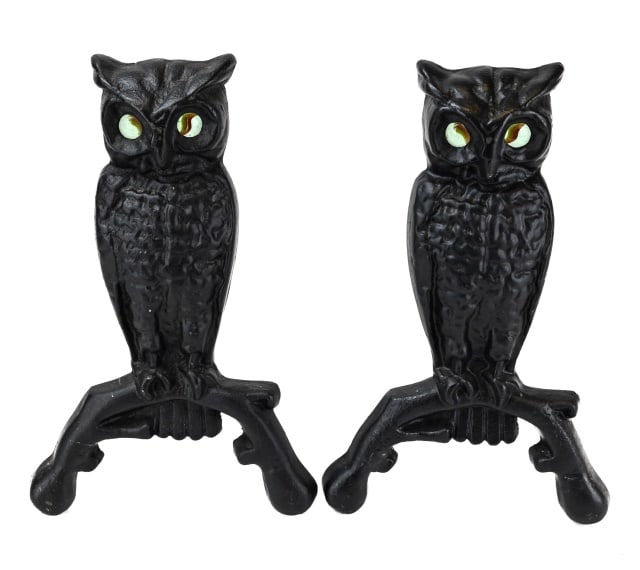 Pair Cast Iron Owl Form Andirons with Marble Eyes: Pair Cast Iron Owl Form Andirons with Marble Eyes. 12 inches x 8 inches x 8 inches.