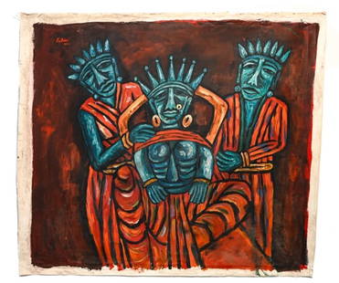 Rabin Mondal Signed Acrylic Queen Mahamaya 2012: Rabin Mondal, India 1929-2019, Signed Acrylic on Canvas Painting of Queen Mahamaya Dated 2012, Unframed. Canvas has been rolled and is currently flat. Measures 43 inches x 37 inches.