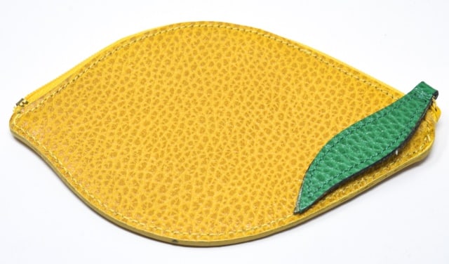 Furla Italian Leather Lemon Change Purse: Furla Italian Leather Lemon Change Purse. Whimsical lemon design leather purse by Furla, marked on interior. Measures 3.5 inches x 5.5 inches.