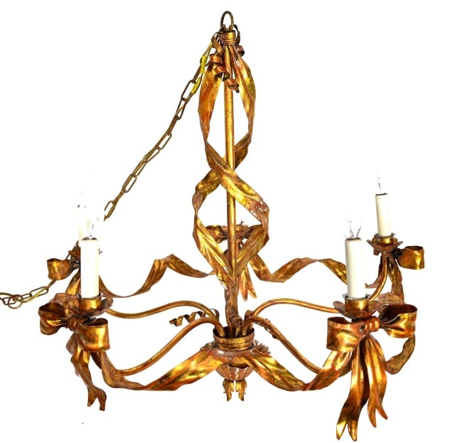 Gold Leaf Tole Ribbon Motif 6 Light Chandelier: Gold Leaf Tole Ribbon Motif 6 Light Chandelier. 24 inches x 24 inches in diameter.
