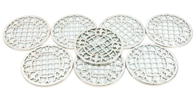 8 Antique Glass With Sterling Overlay Trivets: 8 Antique Glass With Sterling Overlay Matching Dinner Plate Trivets. 7 inches in diameter. PLEASE NOTE THAT SILVER WEIGHTS ARE USED FOR AUCTION PRICE ESTIMATE PURPOSES ONLY AND DO NOT QUALIFY FOR REFU