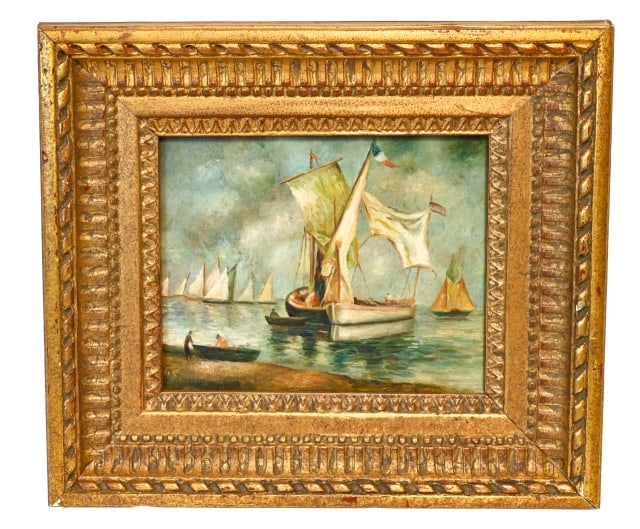 Vintage French Impressionist Oil Painting Boats: Vintage French Impressionist Oil Painting on Canvas of Sail Boats at Sea, Framed. Framed measures 14 inches x 16 inches, art measures 10 inches x 8 inches.