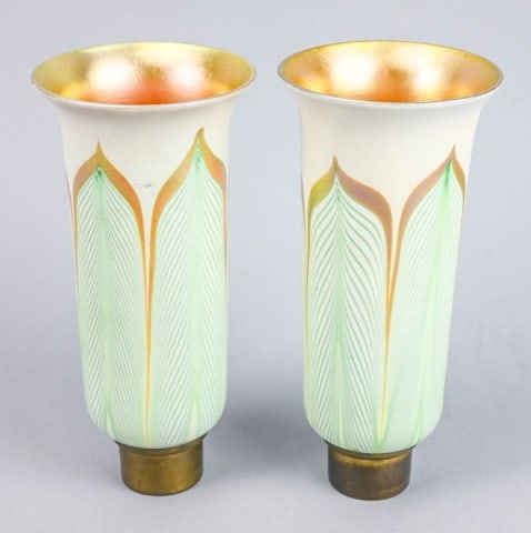 Pair Antique Quezal Glass Pulled Feather Shades (1 of 9)
