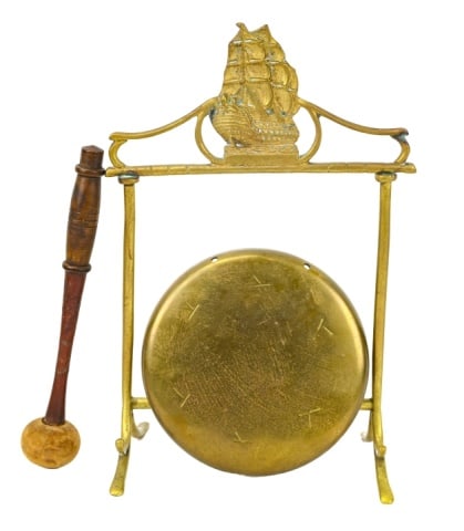 Antique Brass Table Gong w Clipper Ship Pediment: Antique Brass Table Gong w Clipper Ship Pediment. Gong needs to reattached to the stand. 12 inches x 4 inches x 7 inches.
