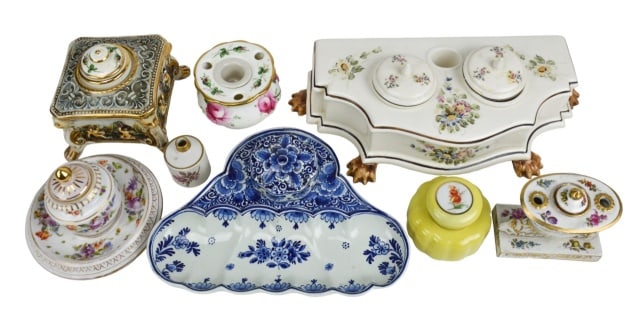 Collection Antique Porcelain Ink Wells Inc. Delft: Collection Antique Hand Painted Porcelain Ink Wells Includes Delft, Capodimonte, and More. Larger measures1 inches x 5 inches.