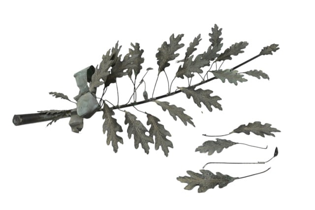 Antique Wrought Iron & Tole Oak Leaf Swag w Bow: Antique Wrought Iron & Tole Oak Leaf Swag w Tole Bow. Measures 32 inches x 12 inches x 8 inches