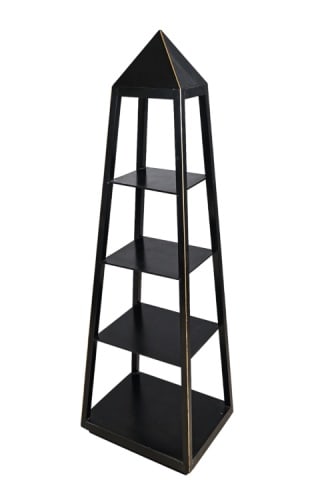 Mid Century Ebonized Obelisk Form Etagere: Mid Century Ebonized Obelisk Form Etagere with Gold Accents.measures 62 inches x 20 inches x 16 inches.