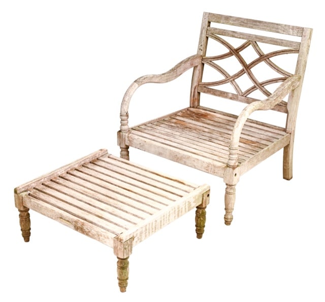 Ballard Designs Carved Outdoor Teak Chair, Ottoman (1 of 16)