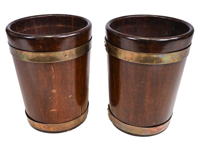 Pair Antique Victorian Coopered Oak Jardiniere: Pair Antique Victorian Coppered Oak Jardiniere with Brass Bands.Measures 19.5 inches x 14.5 inches diameter.
