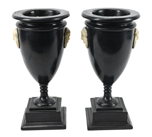 Pair Neo Classical Black Alabaster Urns w Cameos (1 of 14)