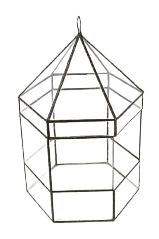 Terrarium Leaded Glass Centerpiece: Terrarium Leaded Glass Centerpiece with One Open Side and Hanging Wire. 18 inches x 11 inches in diameter.