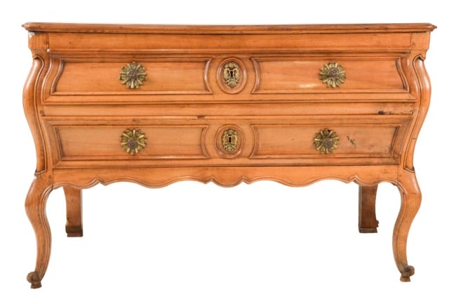 Antique Louis XV Carved Parquetry Top Commode: Antique Louis XV Hand Carved Parquetry Top Commode. Measures 33 inches x 50.5 inches x 24.5 inches.