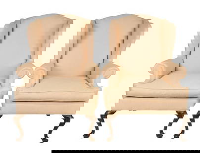 Henredon Carved Upholstered Wingback Armchairs: Pair Henredon Hand Carved Custom Upholstered Wingback Armchairs.Measures 44 inches x 33 inches x 36 inches, seat height 20 inches.