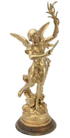Antique J. Garnier Spelter Sculpture La Victoire: Antique J. Garnier Spelter Sculpture La Victoire. Painted Gold. Measures 23 inches x 9 inches in diameter.