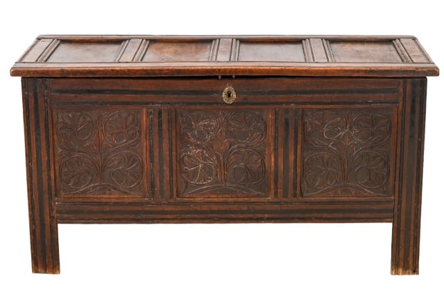 Late 18th Century English Hand Carved Oak Trunk (1 of 11)