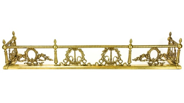 Neoclassical Style Brass Tone Fireplace Fender: Neoclassical Style Brass Tone Fireplace Fender. Measures 7.75 inches x 42 inches x 9.25 inches.