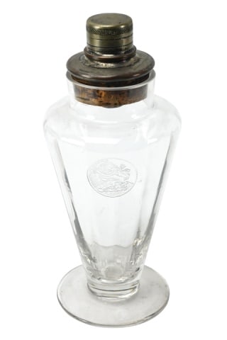 Antique Art Deco Cocktail Shaker Lion Coat of Arms: Antique Art Deco Cocktail Shaker with Lion Coat of Arms on Body. 10 inches x 5 inches in diameter.