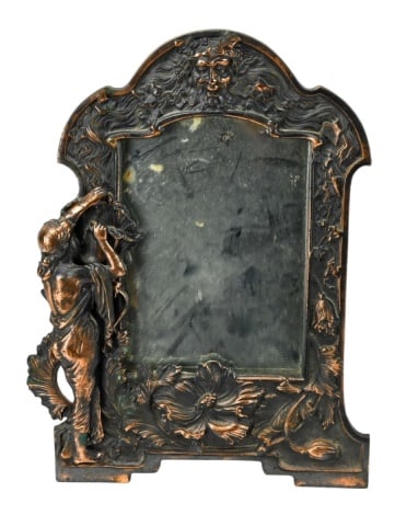 Antique Heavy Bronze Art Nouveau Picture Frame: Antique Heavy Bronze Art Nouveau Picture Frame with Attached Stand, Figural Semi Nude and Satyr Pediment. Measures 17 inches x 12 inches, picture opening measures 9.5 inches x 6.5 inches inches. Inclu