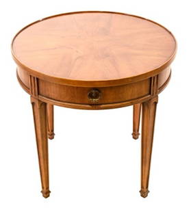 Henredon Round Walnut Single Drawer Side Table: Henredon Round Walnut Single Drawer Side Table.Measures 24 inches x 25 inches x 25 inches.