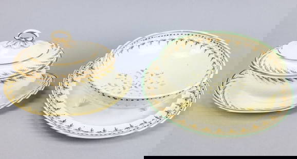 Collection Antique 18C Wedgwood Ivory Ware Pieces: Collection Antique 18C Wedgwood Ivory Ware Pieces with Hand Painted Trim in Brown and Turquoise. Plate measures 11 inches in diameter.